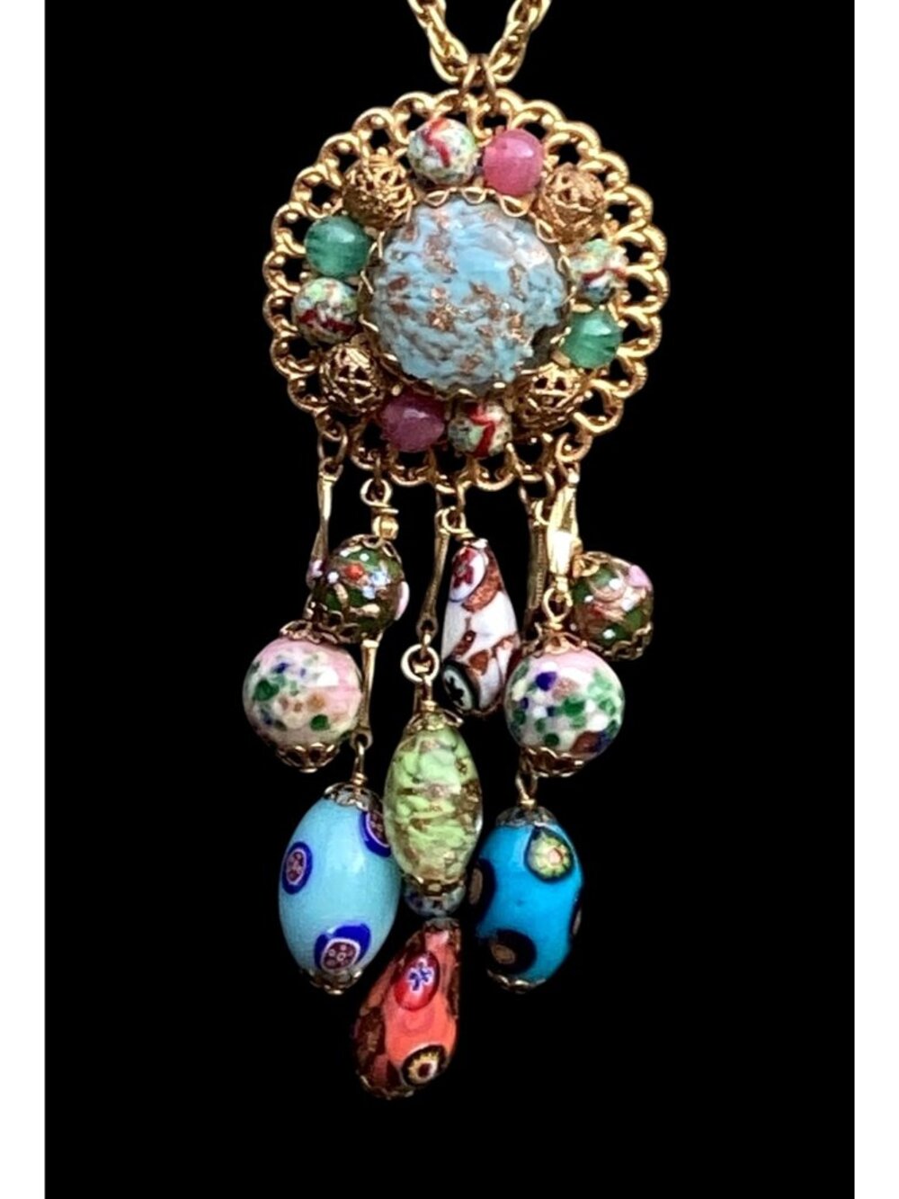 Vintage Maximalist Venetian Murano Glass Bead Pendant Necklace Wedding Cake Mill